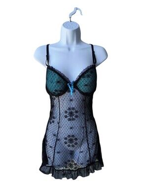 Native Intimates Teal & Black Sheer Lace Floral  Underwire Bra Chemise 34B/M NWT